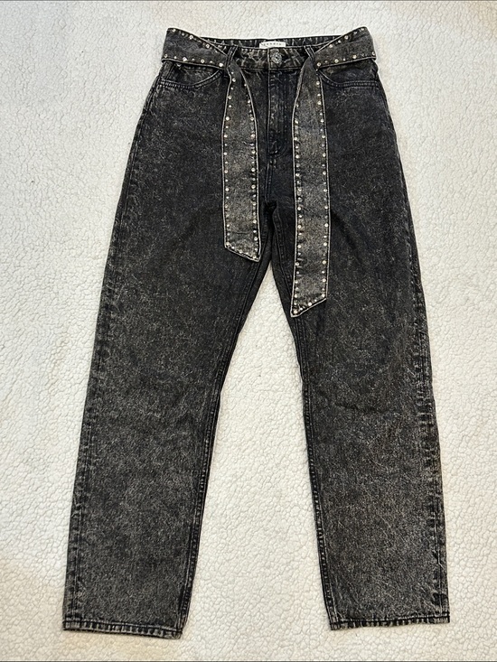 Sandro Paris Denim - Sandro Fredd Black Acid Wash Jeans size 6 Studded Crystal Belt Straight Leg